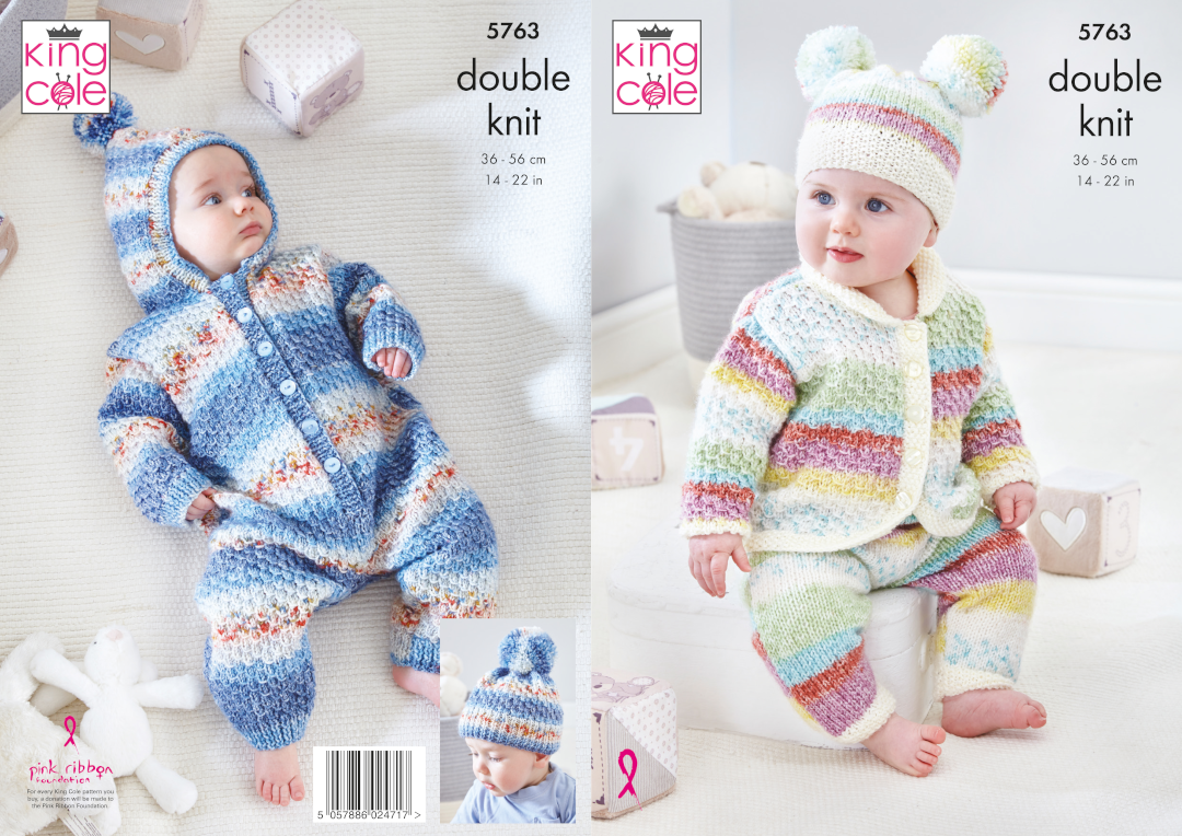 King Cole Baby Splash Onsie, Trouser, Cardigan & Hat Pattern 5763