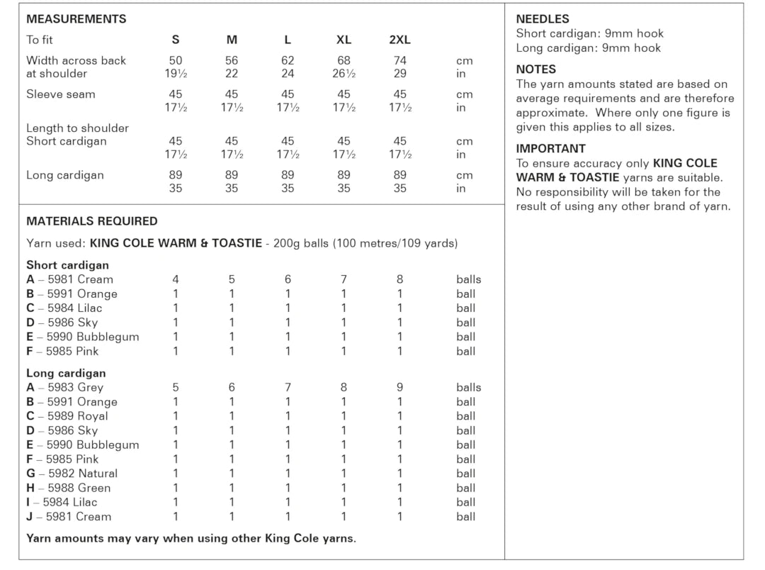 King Cole Toastie Super Chunky Short & Long Cardigan Pattern 6233