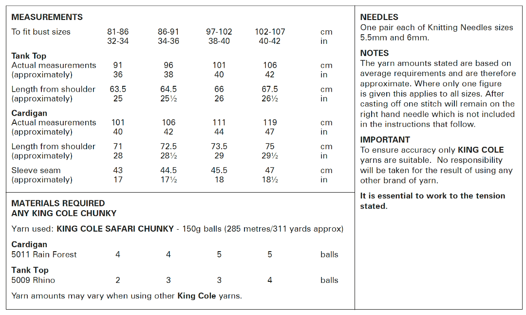 King Cole Safari Chunky Tank Top & Cardigan Pattern 6072