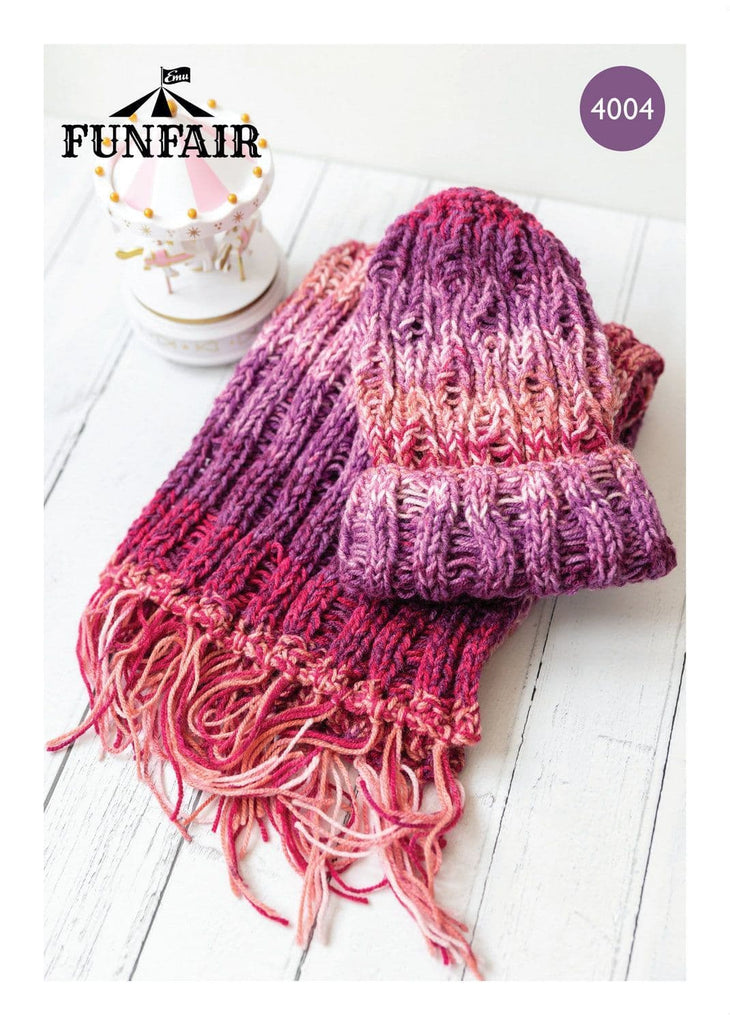 Emu Funfair Swirl DK Crochet Hat & Fringed Scarf Set Pattern 4004