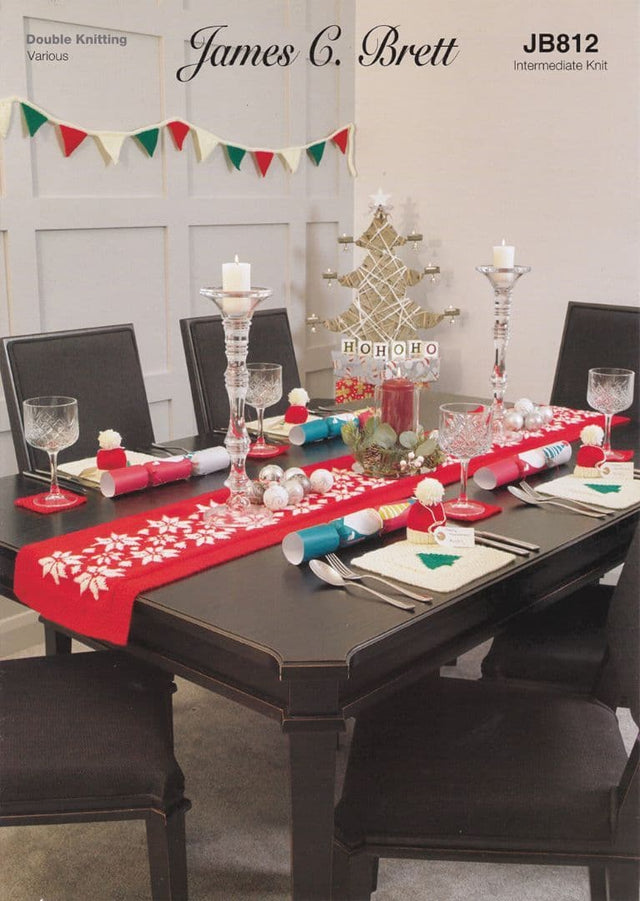 James C. Brett Top Value DK Christmas Table Runner, Bunting, Coasters & Place Mat Pattern JB812