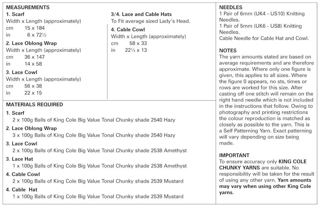 King Cole Big Value Tonal Chunky Scarf, Wrap, Hat & Cowl Pattern 5276