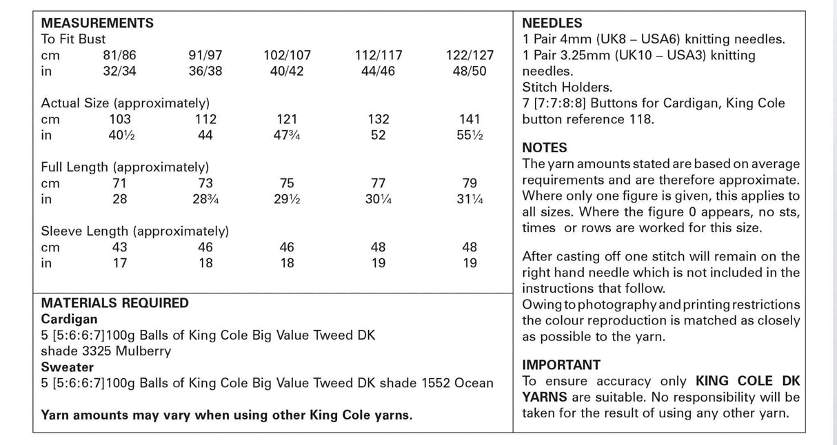 King Cole Big Value Tweed DK Cardigan & Jumper Pattern 5707