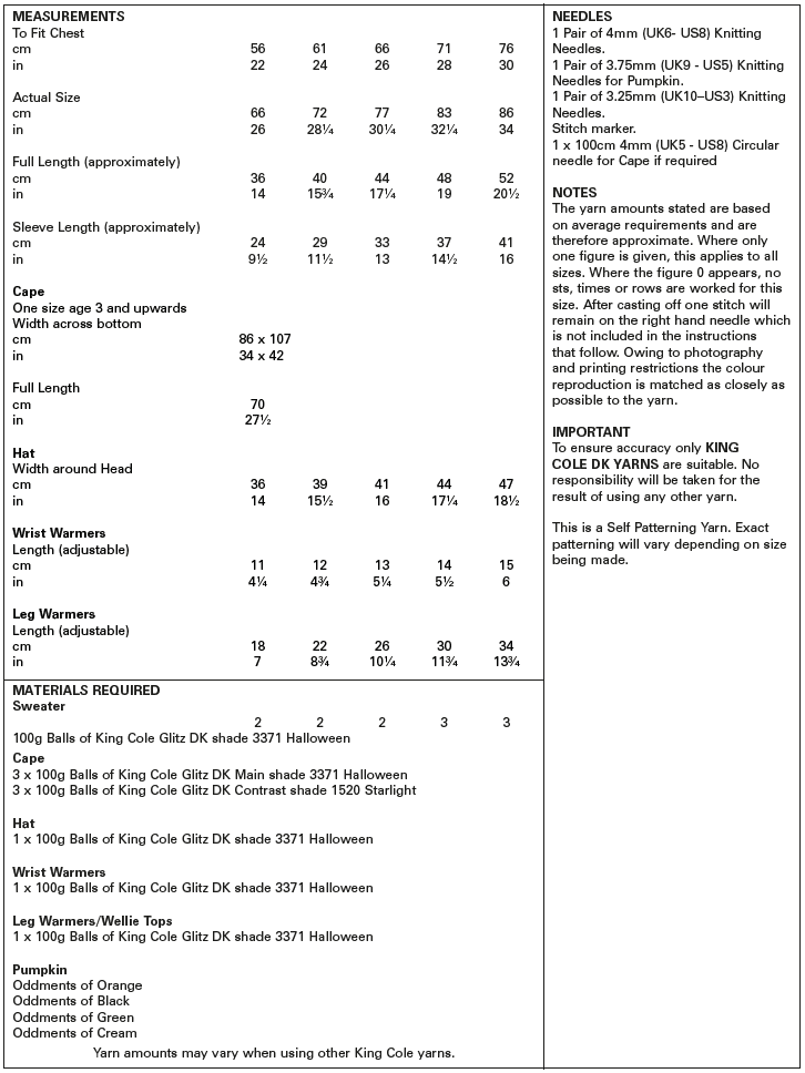 King Cole Glitz DK Halloween Sweater, Cape & Pumpkin Pattern 5399