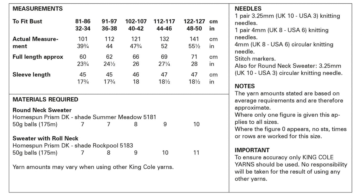 King Cole Homespun Prism DK Sweaters Pattern 5996