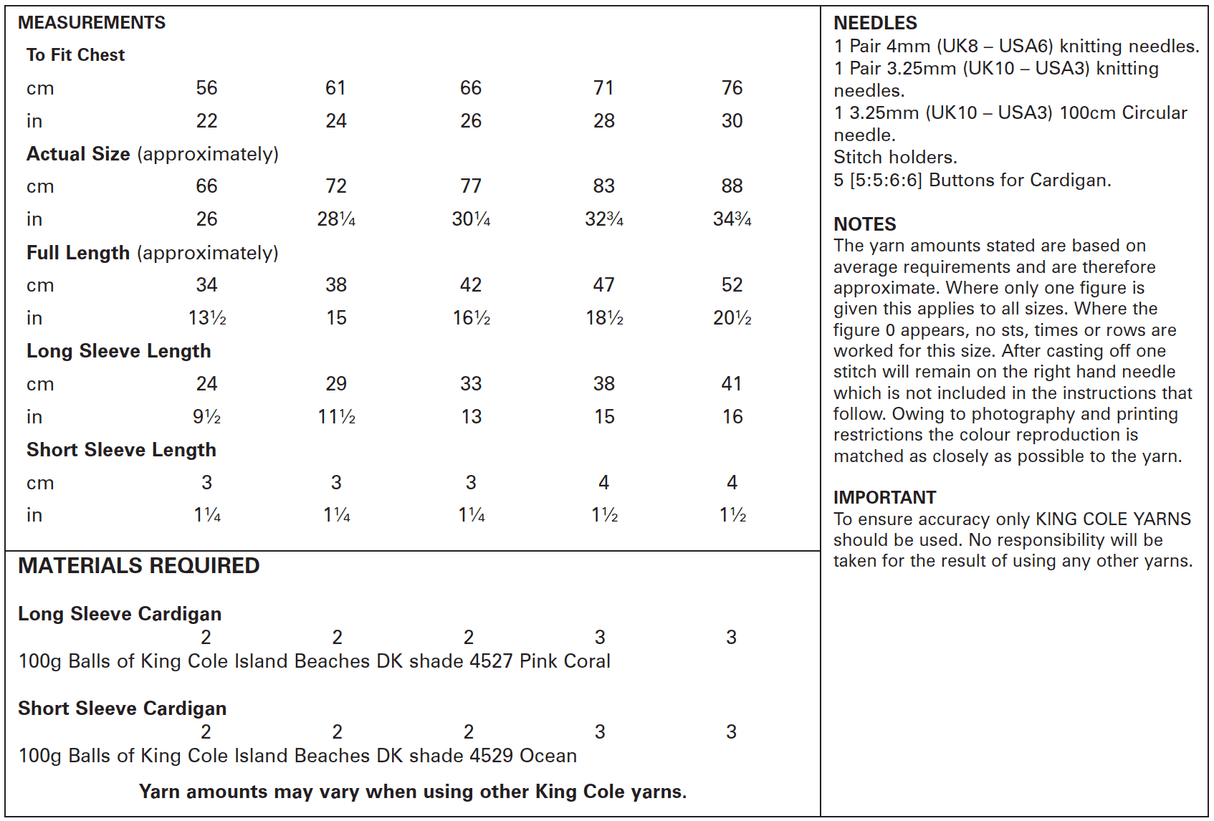 King Cole Island Beaches DK Cardigan Pattern 5607