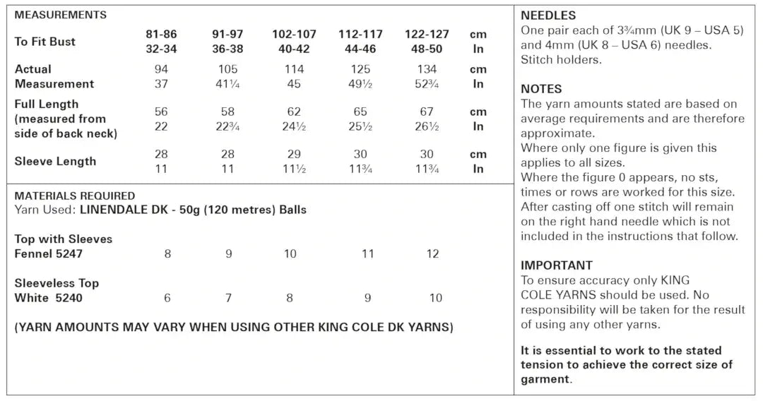 King Cole Linendale DK Sleeved & Sleeveless Top Pattern 5989