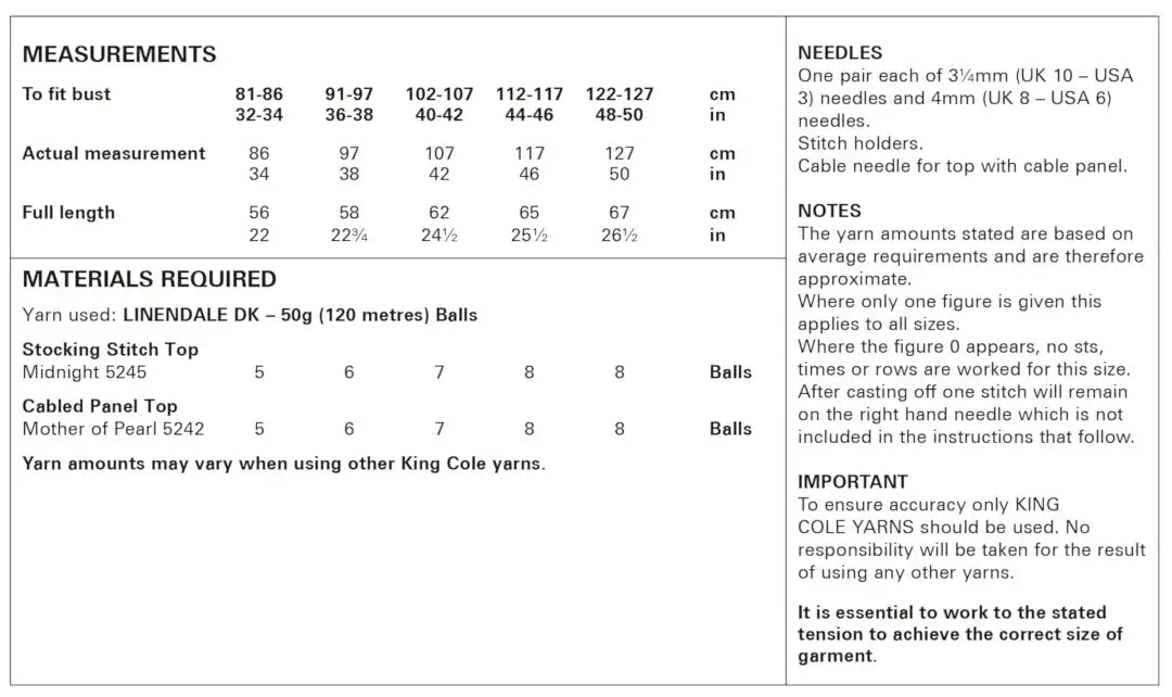 King Cole Linendale DK Stocking Stitch & Cabled Top Pattern 5991