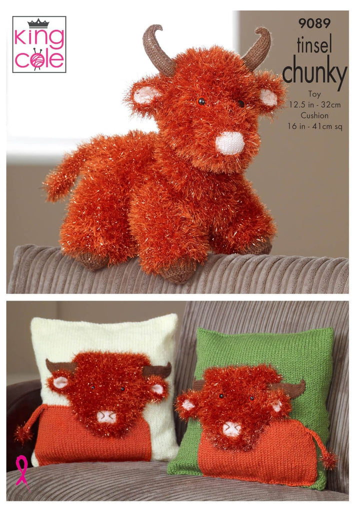 King Cole Tinsel Chunky Highland Cow Toy and Cushion Pattern 9089