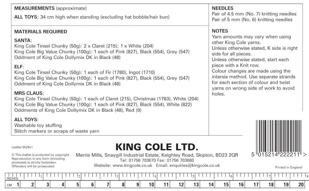 King Cole Tinsel Chunky Pattern 9029 Mr & Mrs Claus