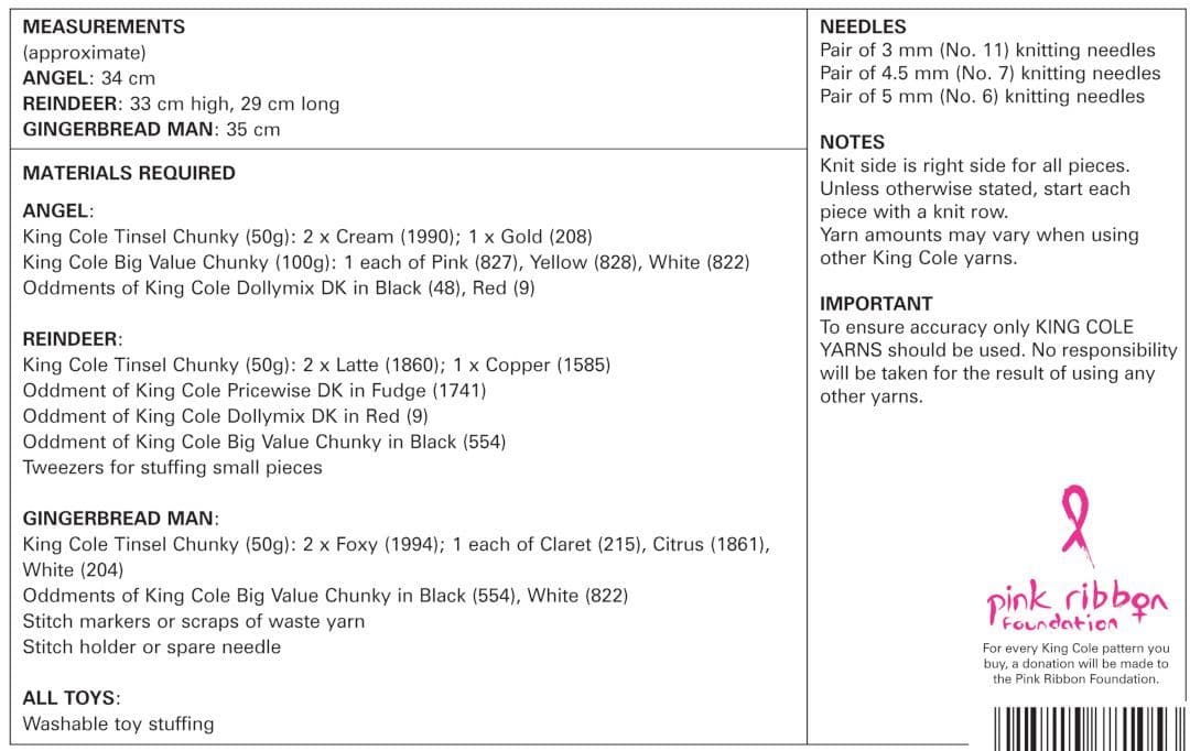 King Cole Tinsel Chunky Pattern 9055 Reindeer, Angel & Gingerbreadman