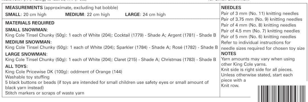 King Cole Tinsel Chunky Snowman Pattern 9030