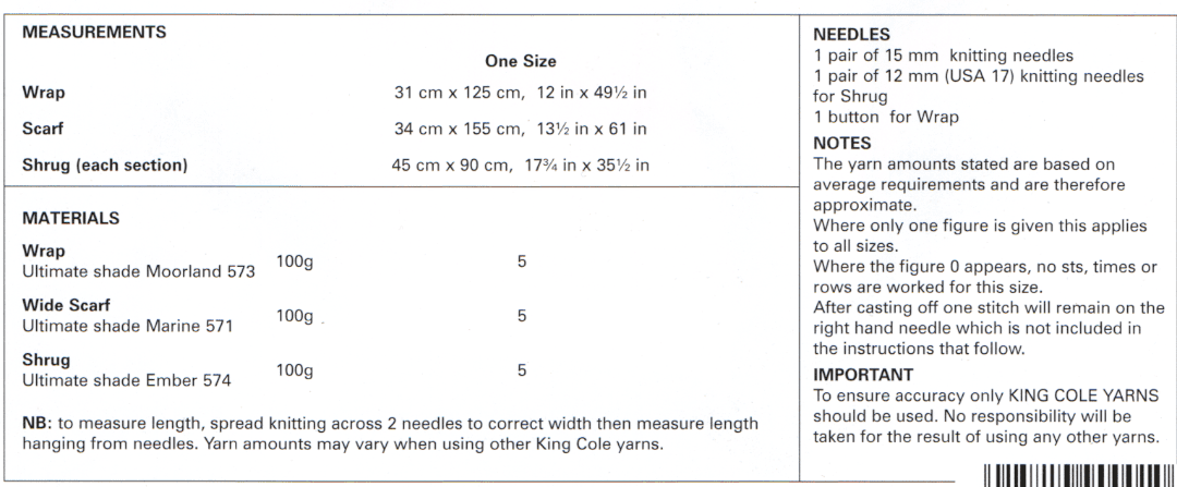 King Cole Ultimate Shrug Pattern 3783