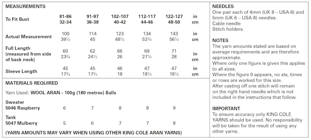 King Cole Wool Aran Sweater & Tank Pattern 5961