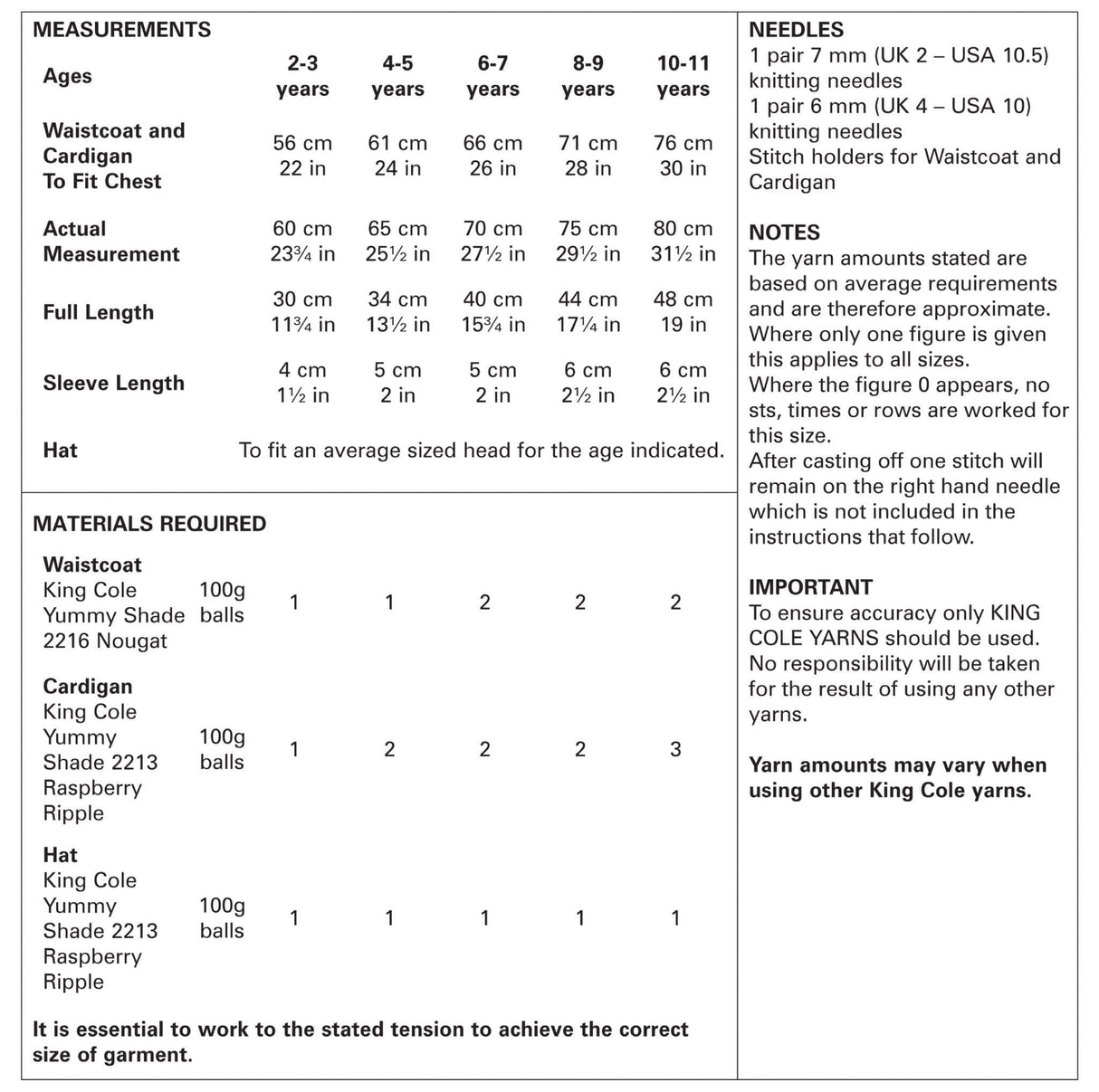 King Cole Yummy Waistcoat, Cardigan & Hat Pattern 4536