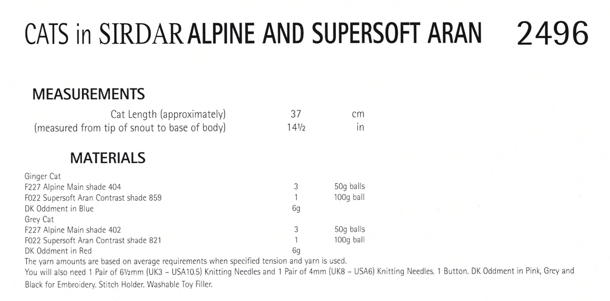 Sirdar Alpine Super Chunky Cat Pattern 2496